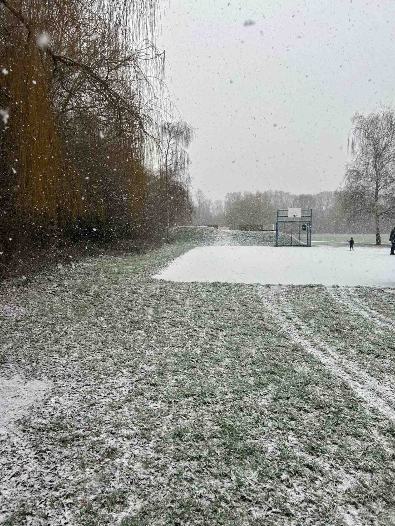 Snow falling over field and court