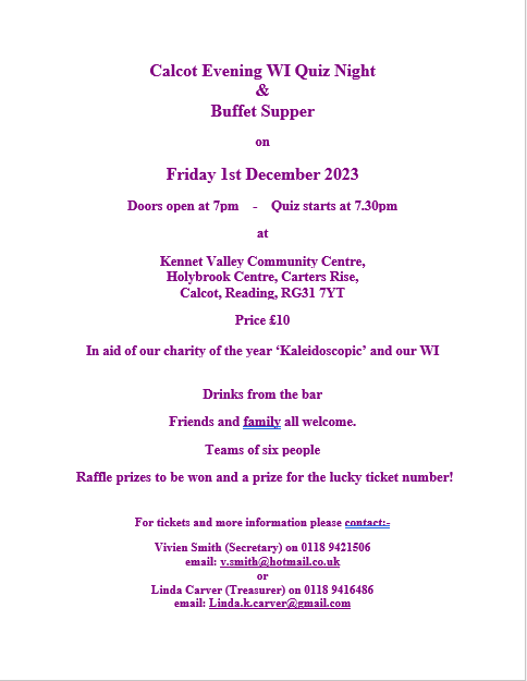 Calcot WI Quiz Night & Buffet Supper - Friday, 1st December 2023